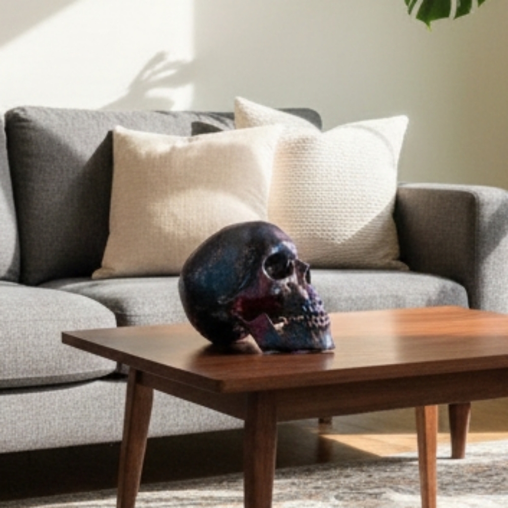 HANDCRAFTED Upcycled Plastic Skull Head HANDPAINTED Tabletop Art Decor Halloween - Picture 4 of 17